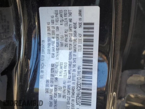 2010 Mazda CX-9 Sport with VIN JM3TB2MAXA0200110, listed as a Copart auction lot 44568375 with 0 mi miles and Salvage Title. Bid and sale history available at carsss.com. Image 14.