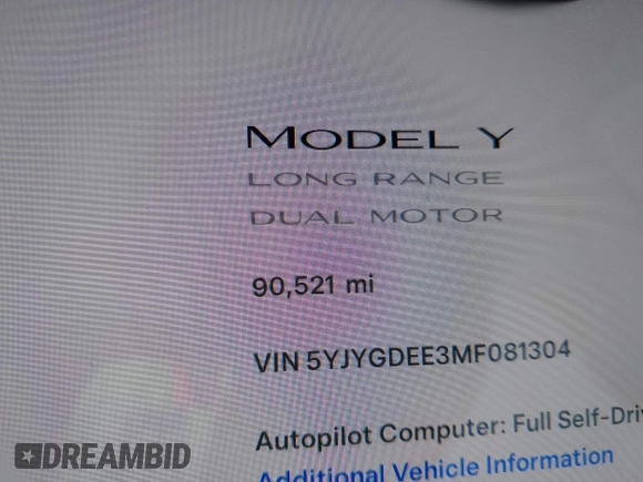 2021 Tesla Model Y Long Range with VIN 5YJYGDEE3MF081304, listed as a IAAI auction lot 42119270 with 90,521 mi miles. Bid and sale history available at carsss.com. Image 15.