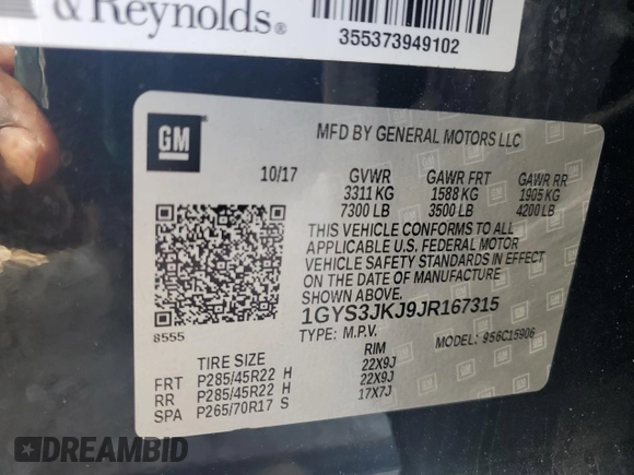 2018 Cadillac Escalade ESV Premium Luxury z VIN 1GYS3JKJ9JR167315, wystawiony jako Copart lot #57799685 z przebiegiem 84 708 mil mil oraz Szkoda całkowita • Salvage title. Historia ofert i sprzedaży dostępna na DreamBid. Obrazek 13.