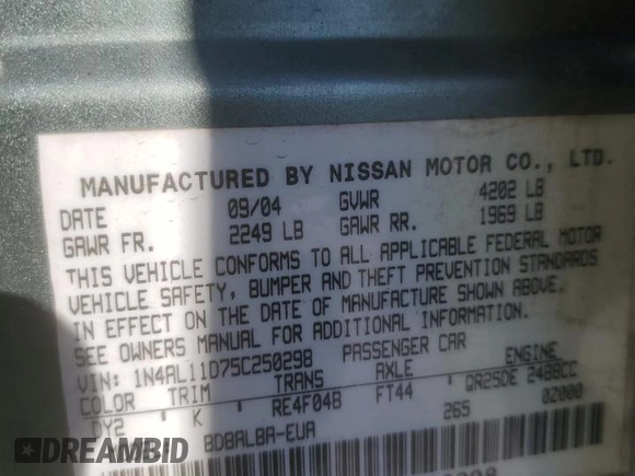 2005 Nissan Altima 2.5 z VIN 1N4AL11D75C250298, wystawiony jako Copart lot #48563495 z przebiegiem 311 261 mil mil oraz Szkoda całkowita • Salvage title. Historia ofert i sprzedaży dostępna na DreamBid. Obrazek 13.