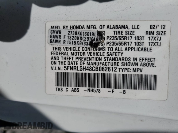 2012 Honda Odyssey EX with VIN 5FNRL5H48CB062612, listed as a Copart auction lot 50503215 with 165,384 mi miles and Salvage Title. Bid and sale history available at carsss.com. Image 15.