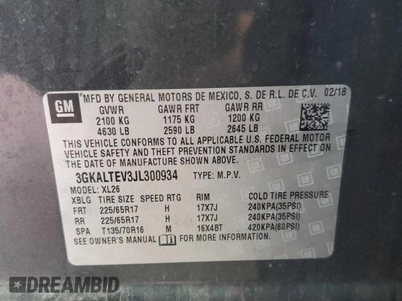2018 GMC Terrain SLE z VIN 3GKALTEV3JL300934, wystawiony jako Copart lot #57114255 z przebiegiem 183 689 mil mil oraz Tytuł czysty. Historia ofert i sprzedaży dostępna na DreamBid. Obrazek 13.