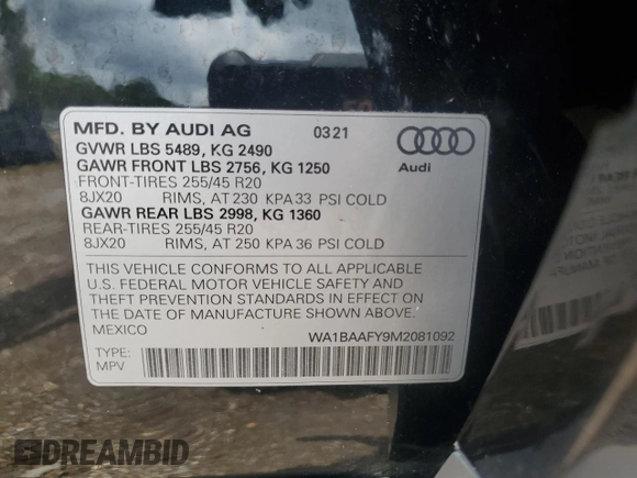 2021 Audi Q5 Premium Plus with VIN WA1BAAFY9M2081092, listed as a Copart auction lot 61368775 with 45,278 mi miles and Salvage title. Bid and sale history available at DreamBid. Image 12.
