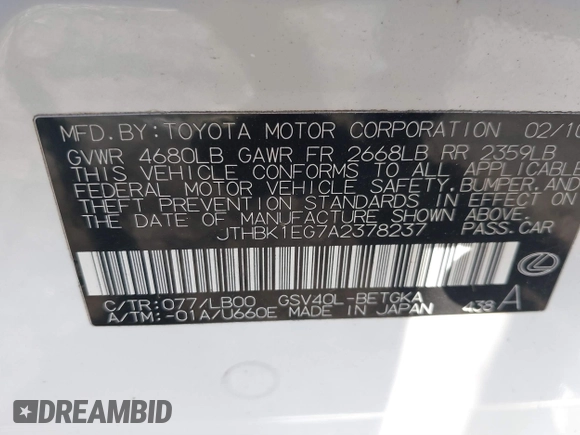 2010 Lexus ES with VIN JTHBK1EG7A2378237, listed as a IAAI auction lot 41615542 with 234,363 mi miles. Bid and sale history available at carsss.com. Image 9.