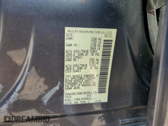 2013 Nissan Titan S with VIN 1N6AA0EJ5DN309178, listed as a Copart auction lot 72316034 with 164,238 mi miles and Salvage Title. Bid and sale history available at carsss.com. Image 12.