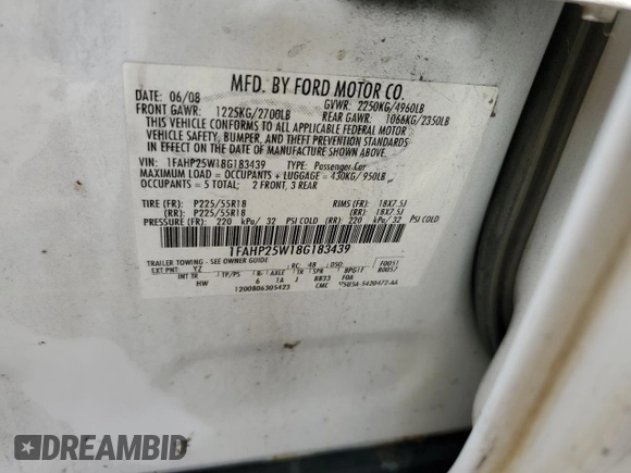 2008 Ford Taurus Limited with VIN 1FAHP25W18G183439, listed as a Copart auction lot 69811174 with 201,462 mi miles and Salvage Title. Bid and sale history available at carsss.com. Image 12.