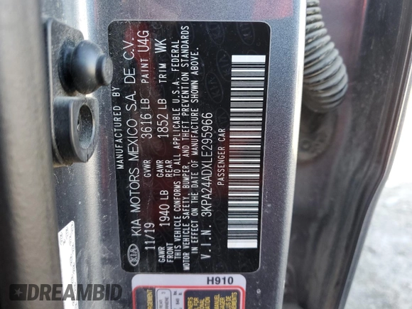 2020 Kia Rio LX with VIN 3KPA24ADXLE295966, listed as a Copart auction lot 48459415 with 37,003 mi miles and Salvage Title. Bid and sale history available at DreamBid. Image 12.