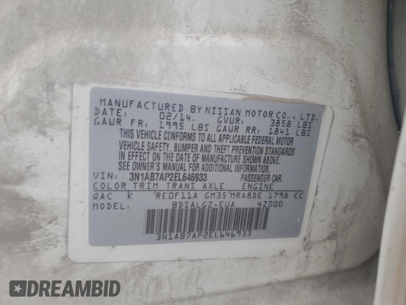 2014 Nissan Sentra SV with VIN 3N1AB7AP2EL646933, listed as a Copart auction lot 85564644 with 184,096 mi miles and Salvage Title. Bid and sale history available at DreamBid. Image 12.