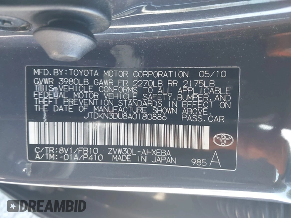 2010 Toyota Prius II with VIN JTDKN3DU8A0180886, listed as a IAAI auction lot 41869933 with 149,289 mi miles and . Bid and sale history available at carsss.com. Image 9.