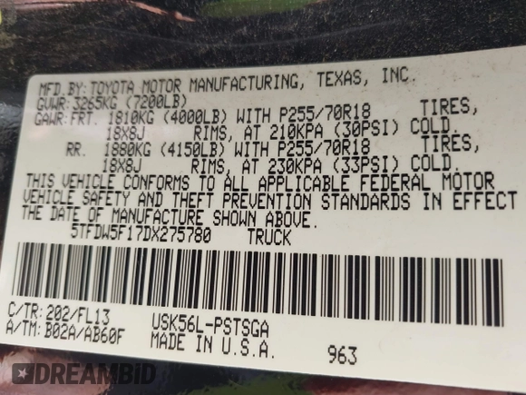 2013 Toyota Tundra 4WD Truck with VIN 5TFDW5F17DX275780, listed as a IAAI auction lot 41710728 with 160,298 mi miles. Bid and sale history available at carsss.com. Image 9.