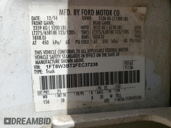 2015 Ford F-350 Platinum with VIN 1FT8W3BT2FEC37238, listed as a Copart auction lot 56101405 with Not provided miles and Clean title. Bid and sale history available at DreamBid. Image 12.