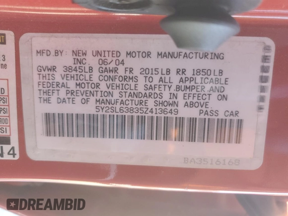 2005 Pontiac Vibe with VIN 5Y2SL63835Z413649, listed as a Copart auction lot 81641454 with 221,205 mi miles and Salvage Title. Bid and sale history available at DreamBid. Image 12.