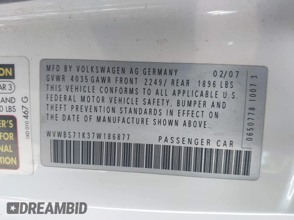 2007 Volkswagen Rabbit with VIN WVWBS71K37W186877, listed as a IAAI auction lot 41851834 with 76,291 mi miles and . Bid and sale history available at DreamBid. Image 9.