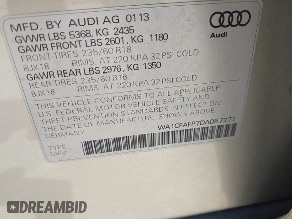 2013 Audi Q5 Premium with VIN WA1CFAFP7DA057277, listed as a IAAI auction lot 42411345 with 119,326 mi miles and . Bid and sale history available at DreamBid. Image 9.