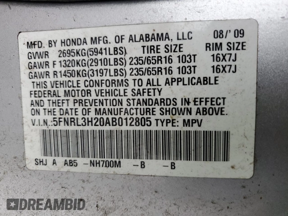 2010 Honda Odyssey LX z VIN 5FNRL3H20AB012805, wystawiony jako Copart lot #52243405 z przebiegiem 206 479 mil mil oraz Szkoda całkowita • Salvage title. Historia ofert i sprzedaży dostępna na DreamBid. Obrazek 16.