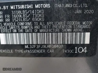 2020 Mitsubishi Mirage G4 ES with VIN ML32F3FJ9LHF08407, listed as a IAAI auction lot 41380079 with 57,292 mi miles. Bid and sale history available at carsss.com. Image 9.