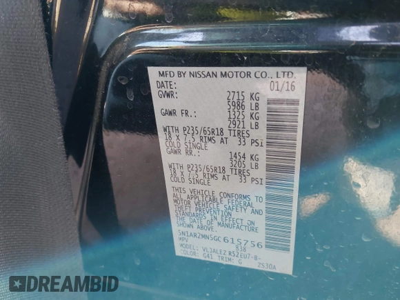 2016 Nissan Pathfinder S with VIN 5N1AR2MN5GC615756, listed as a IAAI auction lot 41807583 with 189,289 mi miles and . Bid and sale history available at DreamBid. Image 9.