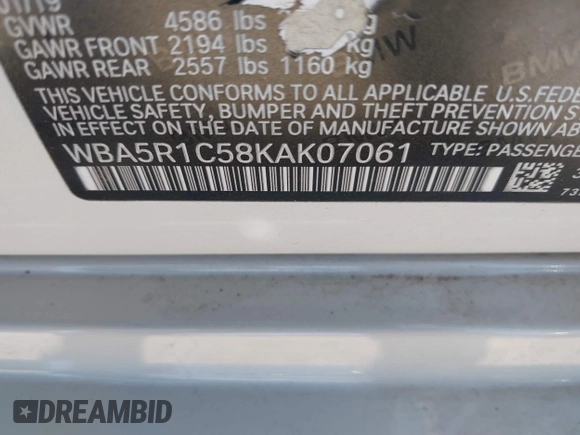 2019 BMW 3 Series 330i with VIN WBA5R1C58KAK07061, listed as a IAAI auction lot 41843706 with 57,930 mi miles and . Bid and sale history available at DreamBid. Image 9.