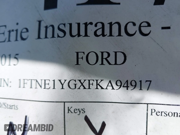 2015 Ford Transit Cargo with VIN 1FTNE1YGXFKA94917, listed as a IAAI auction lot 41700789 with Not provided miles and . Bid and sale history available at DreamBid. Image 9.
