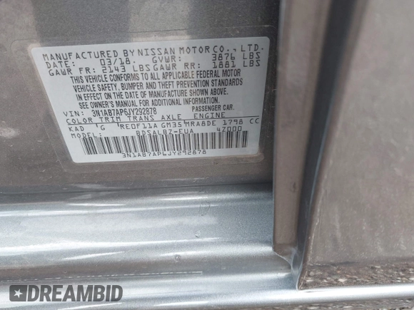 2018 Nissan Sentra S with VIN 3N1AB7AP6JY292878, listed as a IAAI auction lot 41924661 with 140,289 mi miles. Bid and sale history available at carsss.com. Image 9.