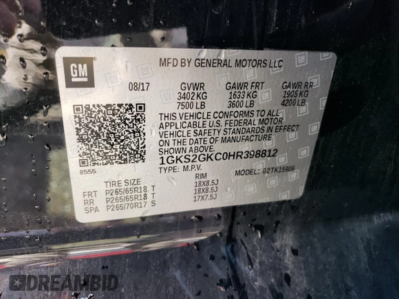 2017 GMC Yukon XL SLT with VIN 1GKS2GKC0HR398812, listed as a Copart auction lot 53761834 with 118,941 mi miles and Clean title. Bid and sale history available at DreamBid. Image 13.
