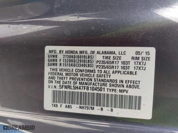 2015 Honda Odyssey EX with VIN 5FNRL5H47FB104501, listed as a IAAI auction lot 41978461 with 118,621 mi miles. Bid and sale history available at carsss.com. Image 9.