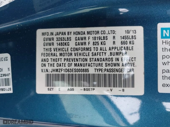 2014 Honda CR-Z EX with VIN JHMZF1D63ES000885, listed as a IAAI auction lot 41704583 with 71,552 mi miles. Bid and sale history available at carsss.com. Image 9.