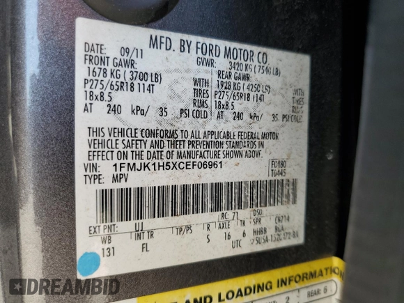 2012 Ford Expedition Max King Ranch z VIN 1FMJK1H5XCEF06961, wystawiony jako Copart lot #50942505 z przebiegiem 188 356 mil mil oraz Szkoda całkowita • Salvage title. Historia ofert i sprzedaży dostępna na DreamBid. Obrazek 13.