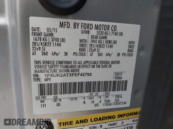 2015 Ford Expedition Max Limited with VIN 1FMJK2ATXFEF42782, listed as a IAAI auction lot 42094729 with 169,799 mi miles and . Bid and sale history available at DreamBid. Image 9.