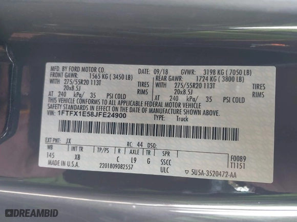2018 Ford F-150 XL with VIN 1FTFX1E58JFE24900, listed as a IAAI auction lot 41775393 with 150,083 mi miles. Bid and sale history available at carsss.com. Image 9.