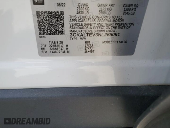 2022 GMC Terrain SLE z VIN 3GKALTEV3NL265091, wystawiony jako Copart lot #54828235 z przebiegiem 34 259 mil mil oraz Szkoda całkowita • Salvage title. Historia ofert i sprzedaży dostępna na DreamBid. Obrazek 13.
