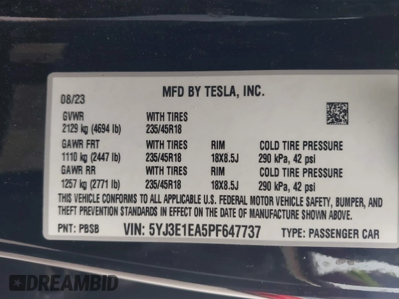 2023 Tesla Model 3 with VIN 5YJ3E1EA5PF647737, listed as a IAAI auction lot 42430145 with 20,525 mi miles and . Bid and sale history available at DreamBid. Image 9.
