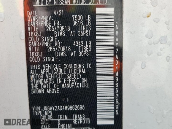2021 Nissan Armada SV z VIN JN8AY2AD4M9662695, wystawiony jako Copart lot #43764595 z przebiegiem 107 098 mil mil oraz Szkoda całkowita • Salvage title. Historia ofert i sprzedaży dostępna na DreamBid. Obrazek 13.