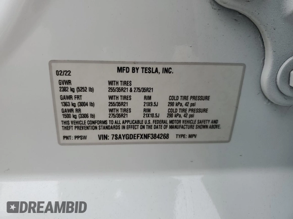 2022 Tesla Model Y Performance с VIN 7SAYGDEFXNF384268, выставлен на аукционе Copart как лот 60141005 с пробегом Не указан миль и Списание • Salvage title. История ставок и продаж доступна на DreamBid. Изображение 13.
