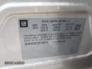 2013 Buick LaCrosse with VIN 1G4GA5E37DF206619, listed as a IAAI auction lot 42340516 with 39,179 mi miles and . Bid and sale history available at DreamBid. Image 9.
