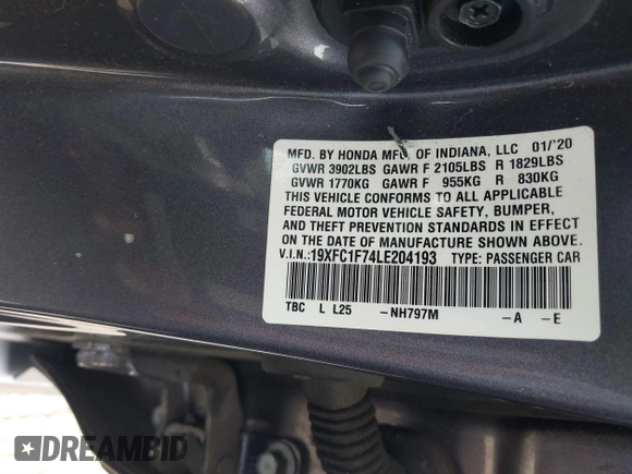 2020 Honda Civic EX-L with VIN 19XFC1F74LE204193, listed as a IAAI auction lot 41690269 with 50,336 mi miles and . Bid and sale history available at DreamBid. Image 9.