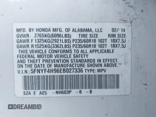 2014 Honda Pilot Touring with VIN 5FNYF4H96EB027336, listed as a IAAI auction lot 41882333 with 202,426 mi miles and . Bid and sale history available at carsss.com. Image 9.