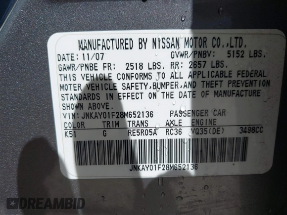 2008 Infiniti M with VIN JNKAY01F28M652136, listed as a IAAI auction lot 42096441 with Not Provided miles. Bid and sale history available at carsss.com. Image 9.