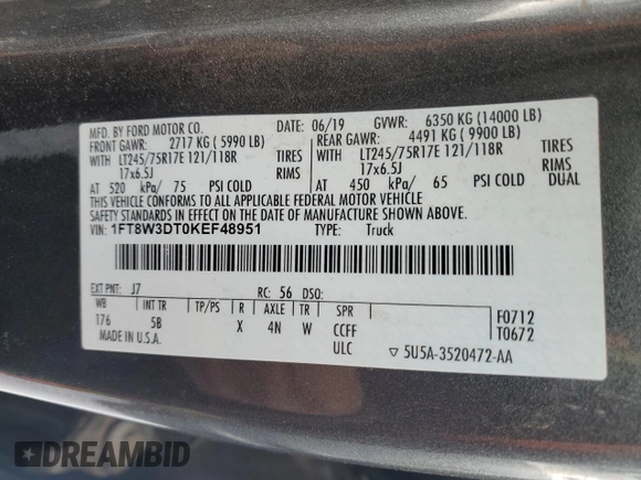 2019 Ford F-350 XL z VIN 1FT8W3DT0KEF48951, wystawiony jako Copart lot #41684935 z przebiegiem 93 988 mil mil oraz Szkody całkowita. Historia ofert i sprzedaży dostępna na DreamBid. Obrazek 12.