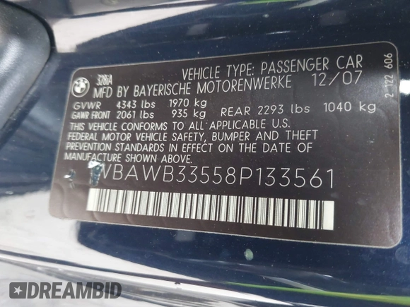 2008 BMW 3 Series 328i with VIN WBAWB33558P133561, listed as a IAAI auction lot 41490123 with 152,677 mi miles. Bid and sale history available at carsss.com. Image 9.