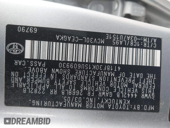 2005 Toyota Camry LE with VIN 4T1BF30K15U609930, listed as a IAAI auction lot 41321401 with 287,792 mi miles and . Bid and sale history available at DreamBid. Image 9.
