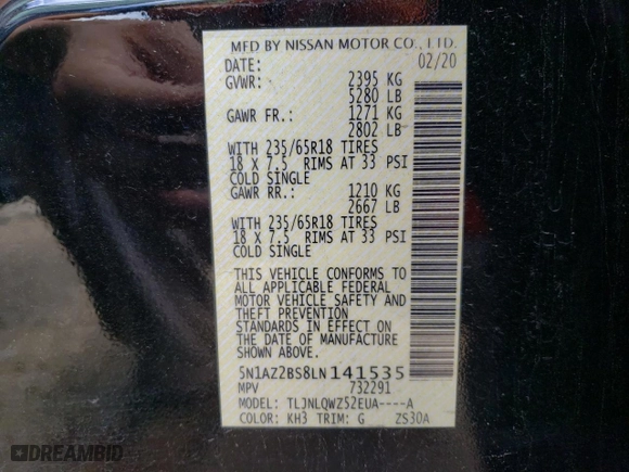 2020 Nissan Murano SV with VIN 5N1AZ2BS8LN141535, listed as a Copart auction lot 41480255 with 70,918 mi miles and Salvage Title. Bid and sale history available at carsss.com. Image 13.