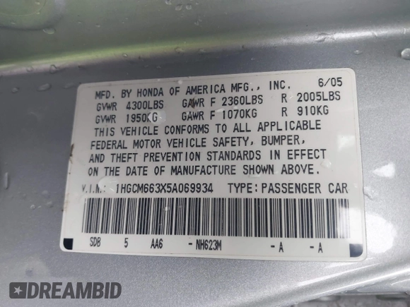 2005 Honda Accord LX with VIN 1HGCM663X5A069934, listed as a IAAI auction lot 41231379 with 191,556 mi miles and . Bid and sale history available at DreamBid. Image 9.