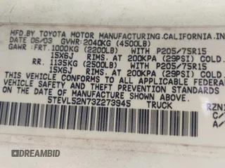 2003 Toyota Tacoma with VIN 5TEVL52N73Z273945, listed as a IAAI auction lot 42648539 with 204,657 mi miles and . Bid and sale history available at DreamBid. Image 9.