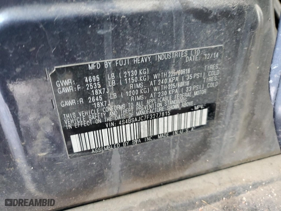 2015 Subaru Outback 2.5i Limited with VIN 4S4BSAJC7F3277815, listed as a Copart auction lot 49270815 with 89,880 mi miles and Salvage Title. Bid and sale history available at carsss.com. Image 12.
