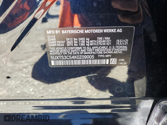 2019 BMW X3 M40i with VIN 5UXTS3C54K0Z09005, listed as a Copart auction lot 87682015 with Not Provided miles and Salvage Title. Bid and sale history available at DreamBid. Image 15.