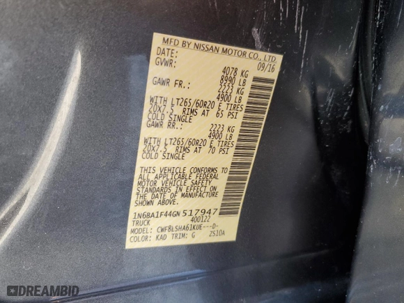 2016 Nissan Titan XD PRO-4X with VIN 1N6BA1F44GN517947, listed as a Copart auction lot 75524654 with 79,016 mi miles and Salvage Title. Bid and sale history available at carsss.com. Image 12.