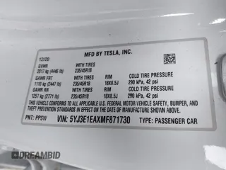 2021 Tesla Model 3 Standard Range Plus z VIN 5YJ3E1EAXMF871730, wystawiony jako IAAI lot #41794274 z przebiegiem 18 791 mil mil oraz . Historia ofert i sprzedaży dostępna na DreamBid. Obrazek 9.