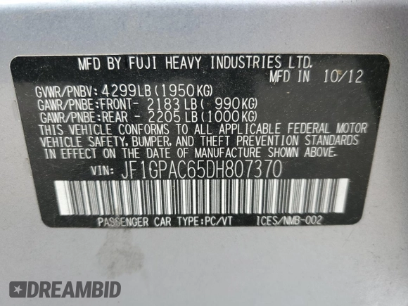 2013 Subaru Impreza Premium z VIN JF1GPAC65DH807370, wystawiony jako Copart lot #58312165 z przebiegiem 88 307 mil mil oraz Szkoda całkowita • Salvage title. Historia ofert i sprzedaży dostępna na DreamBid. Obrazek 12.