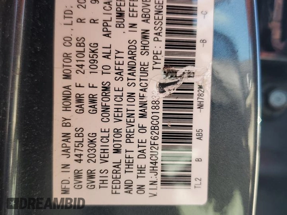 2011 Acura TSX with VIN JH4CU2F62BC018833, listed as a Copart auction lot 56911785 with 144,558 mi miles and Salvage title. Bid and sale history available at DreamBid. Image 12.